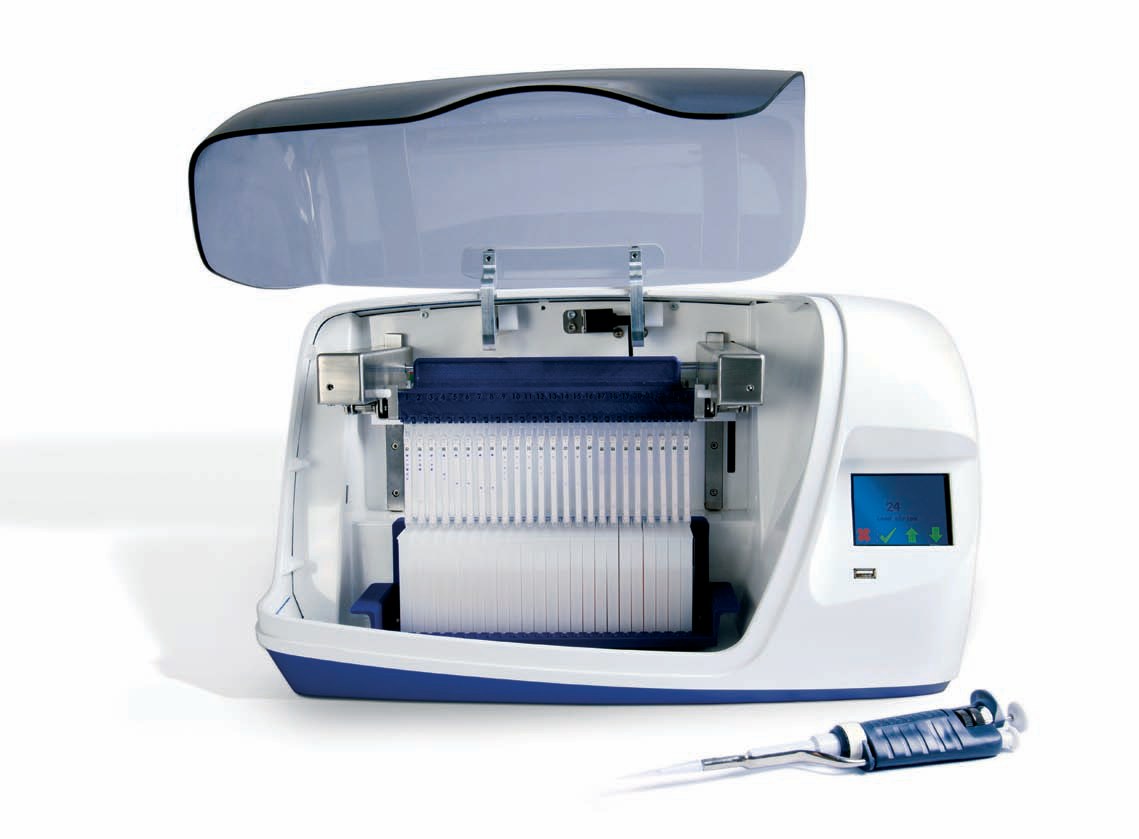 BlueDiver Instrument with its cover open, 24 strips loaded
