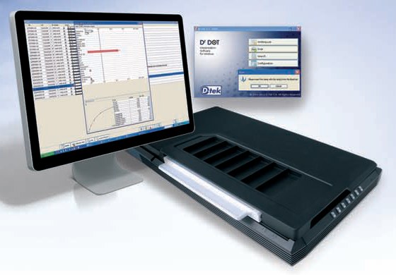 BlueScan flatbed scanner beside a screen showing the Dr DOT software